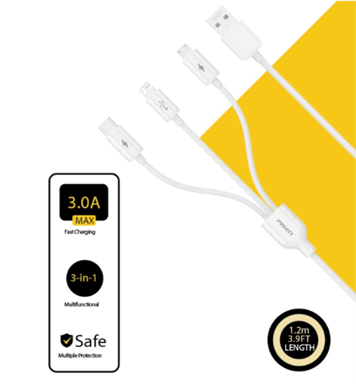 Cáp sạc Pisen 3 in 1 Type C- Lightning- Mocro 1200mm